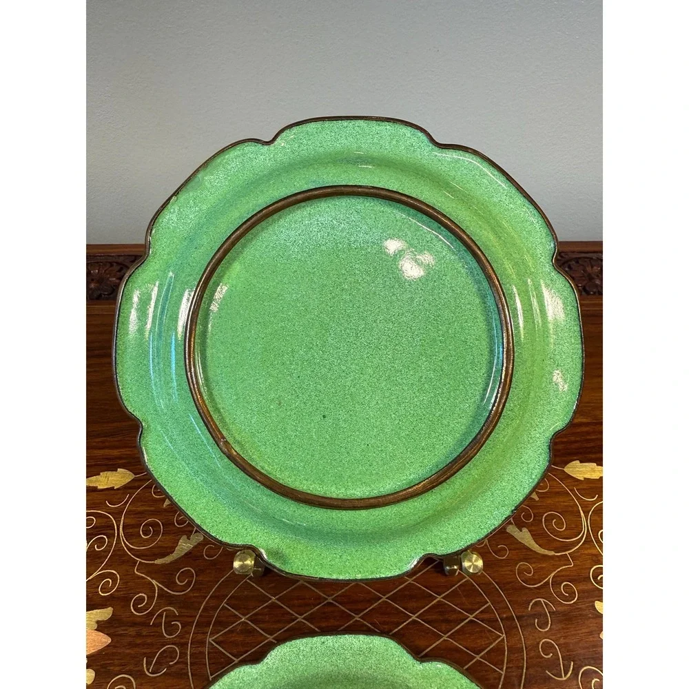 Pair Vintage Chinese Canton Enamel Copper Plates Peach Floral 6